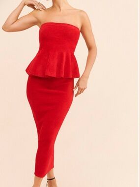 Strapless Red Peplum Midi Dress